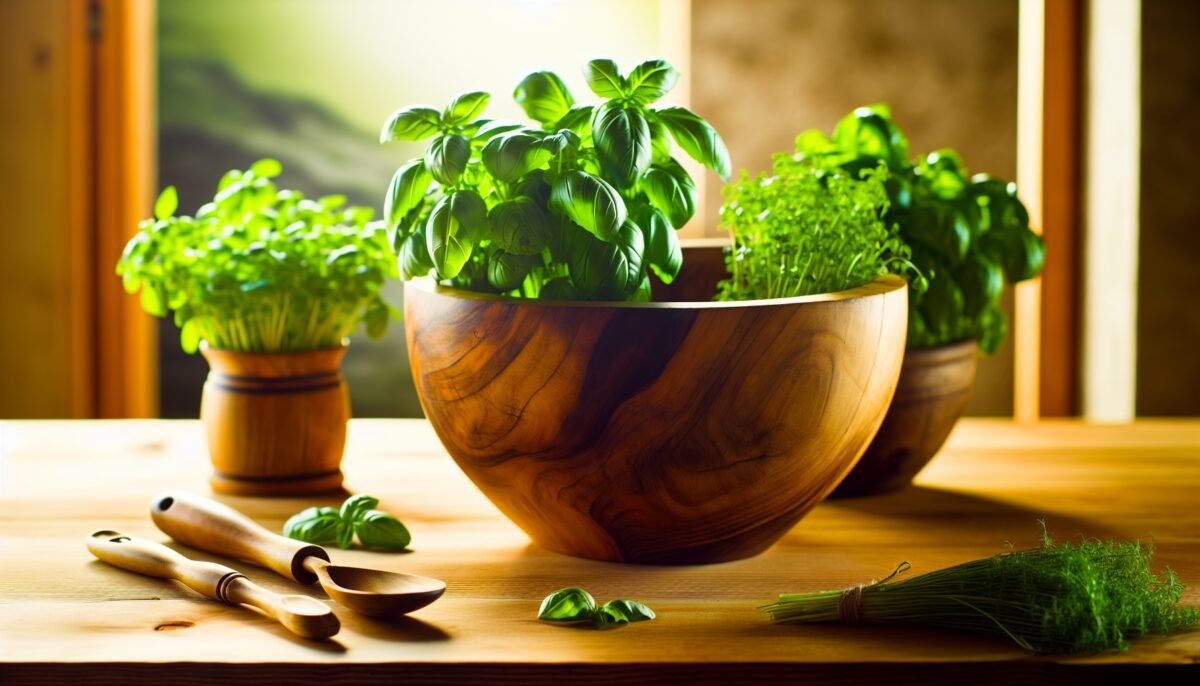 A serene kitchen scene with fresh seasonal herbs, like basil and mint, arranged next to a wooden bowl of mixed greens.