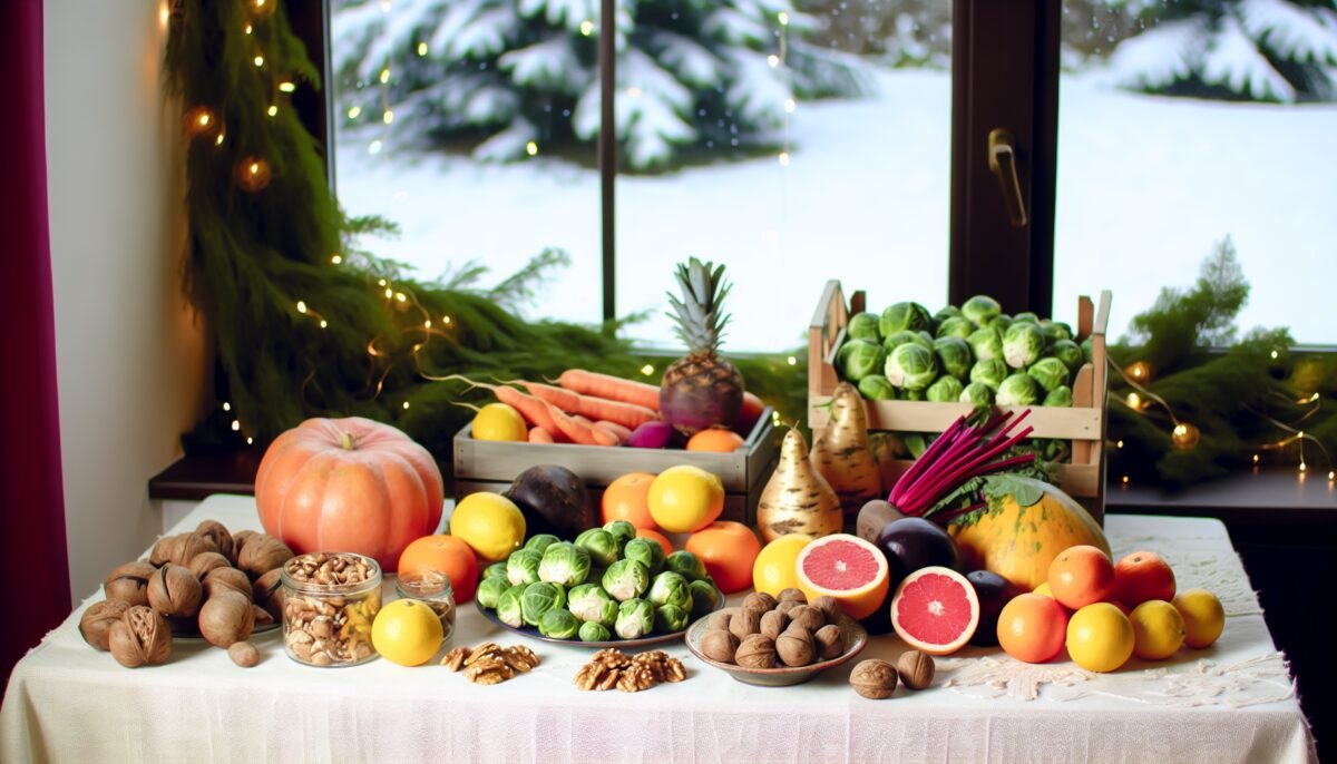 A cozy winter table with fresh seasonal vegetables, citrus fruits, and nuts promoting winter wellness and vitality.