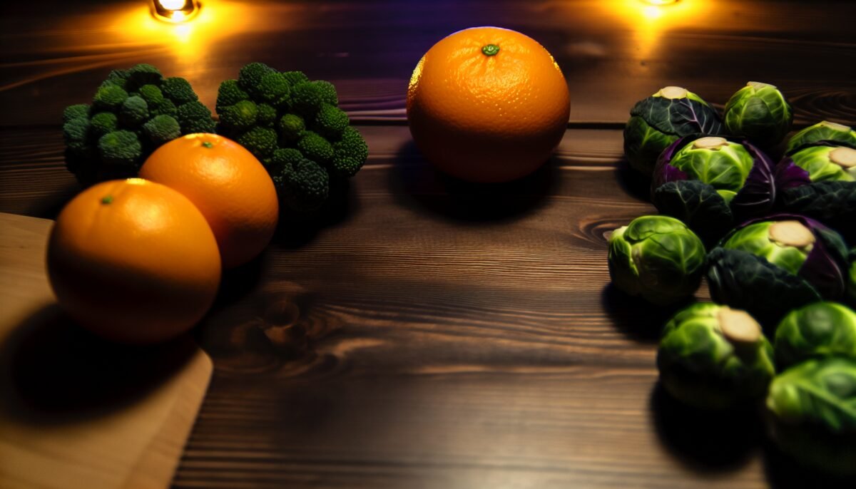 A wooden table adorned with an assortment of vibrant seasonal winter fruits and vegetables like oranges, kale, and Brussels sprouts.