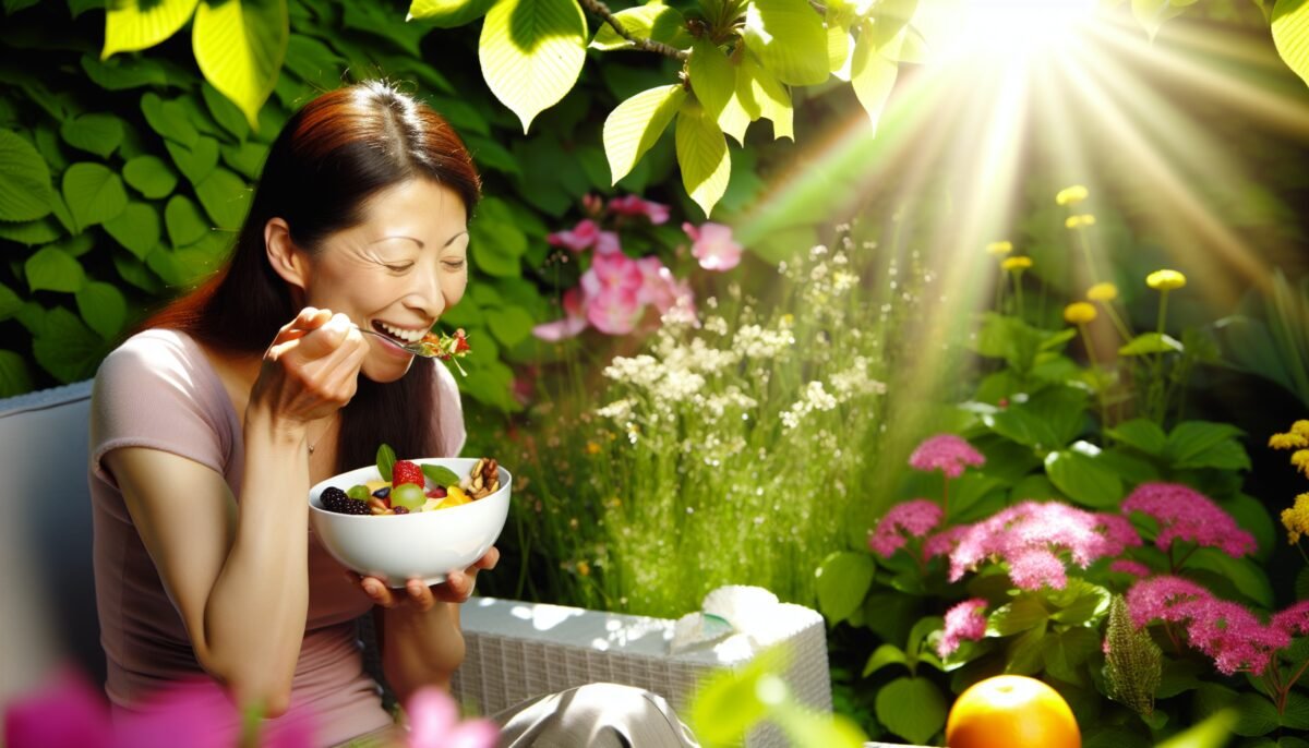 A European-looking woman enjoying a bowl of fresh fruit and nuts while sitting in a sunlit garden, symbolizing a healthy and nutrient-dense snack.