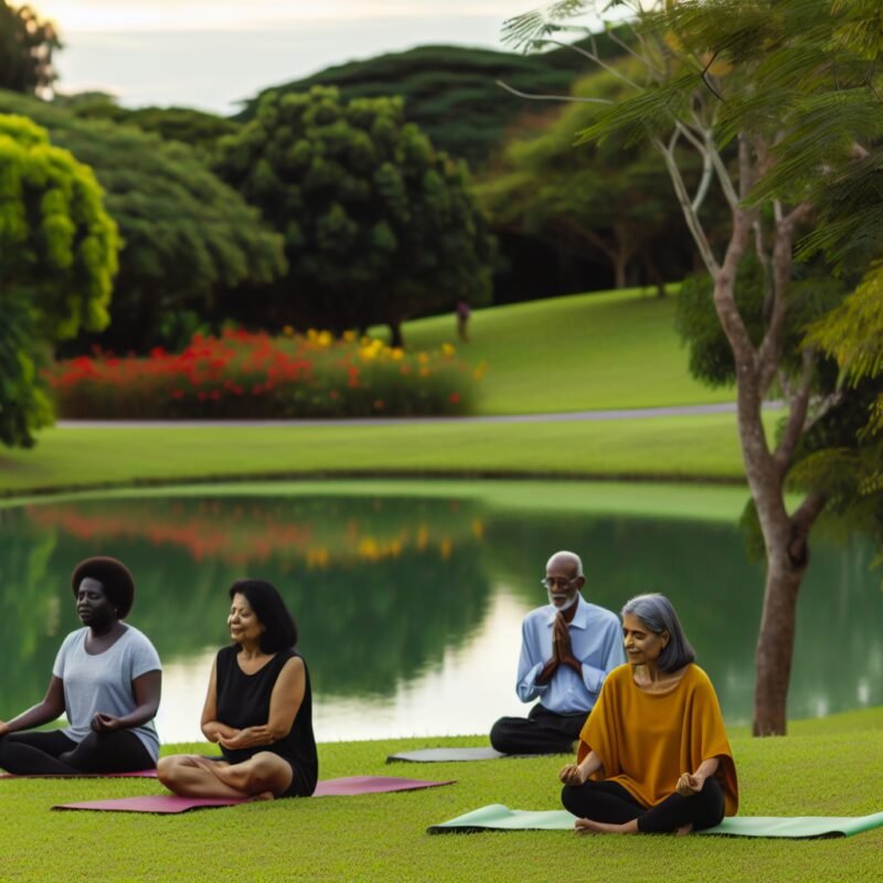 People engaging in yoga practice outdoors in a peaceful park setting.