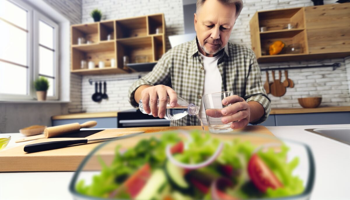 A European-looking adult pours a glass of water while preparing a healthy salad in a modern kitchen.