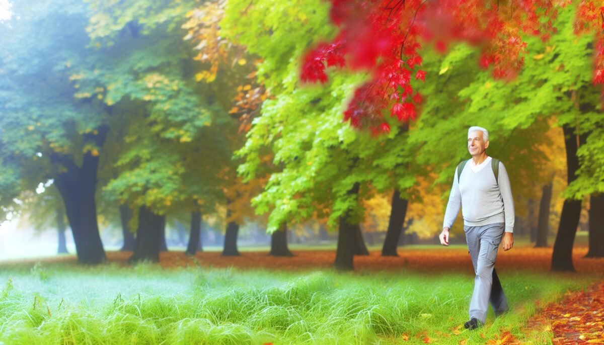 A light-skinned adult enjoying a walk in a lush green park during autumn, symbolizing seasonal adaptation and healthy lifestyle choices.