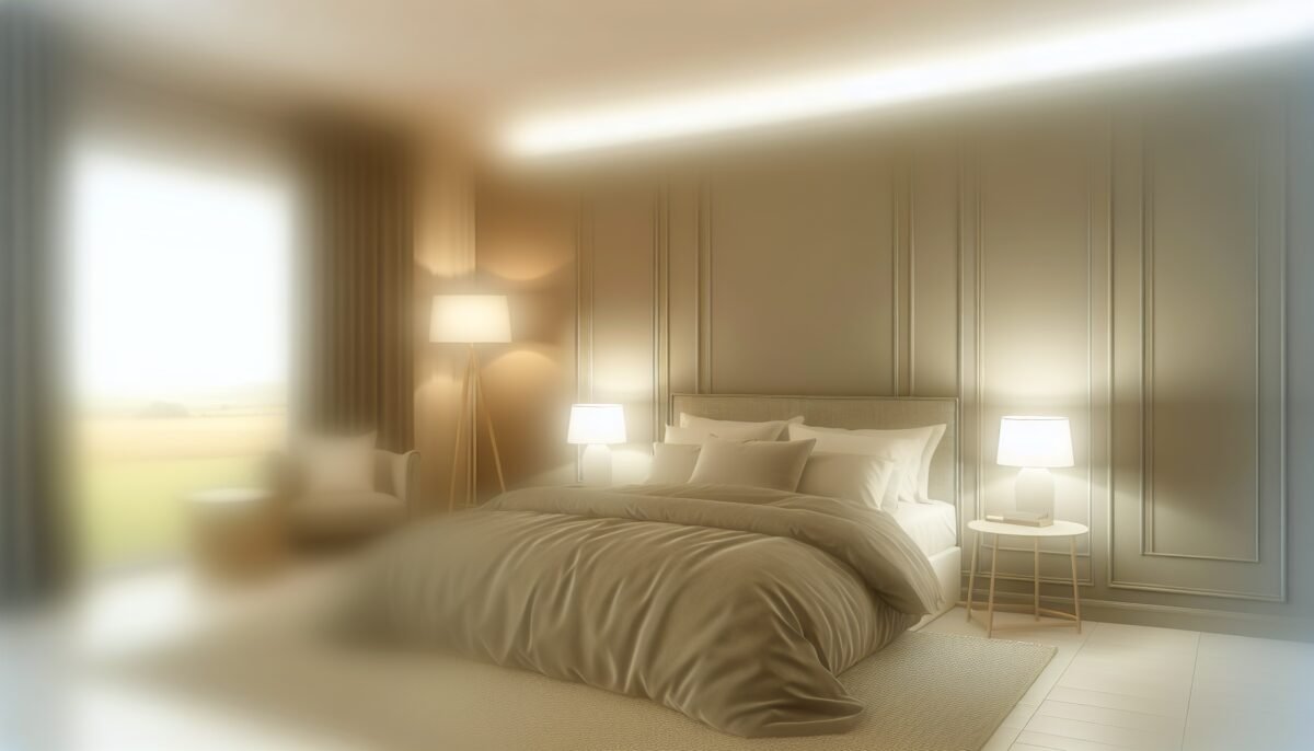 A peaceful bedroom setting with soft lighting and a comfortable bed, suggesting a restful night's sleep.