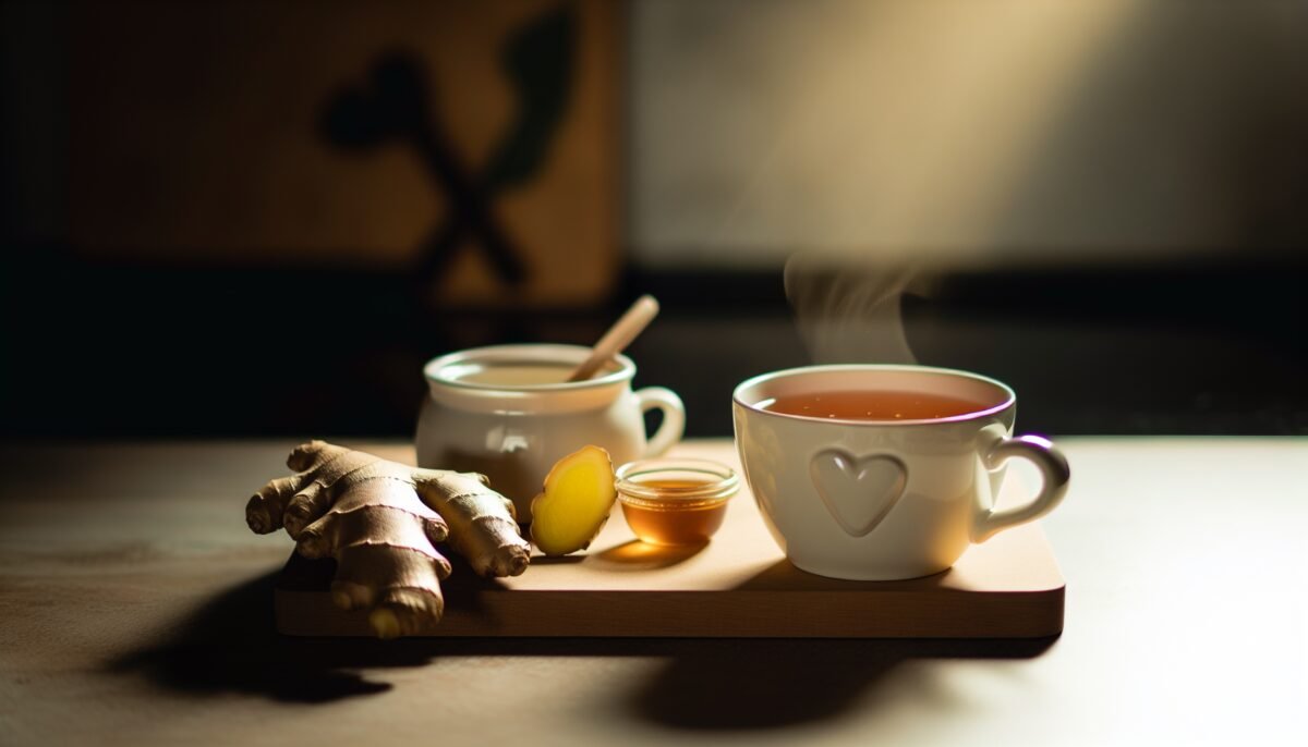 A steaming cup of herbal tea with ginger root and honey on a kitchen counter.