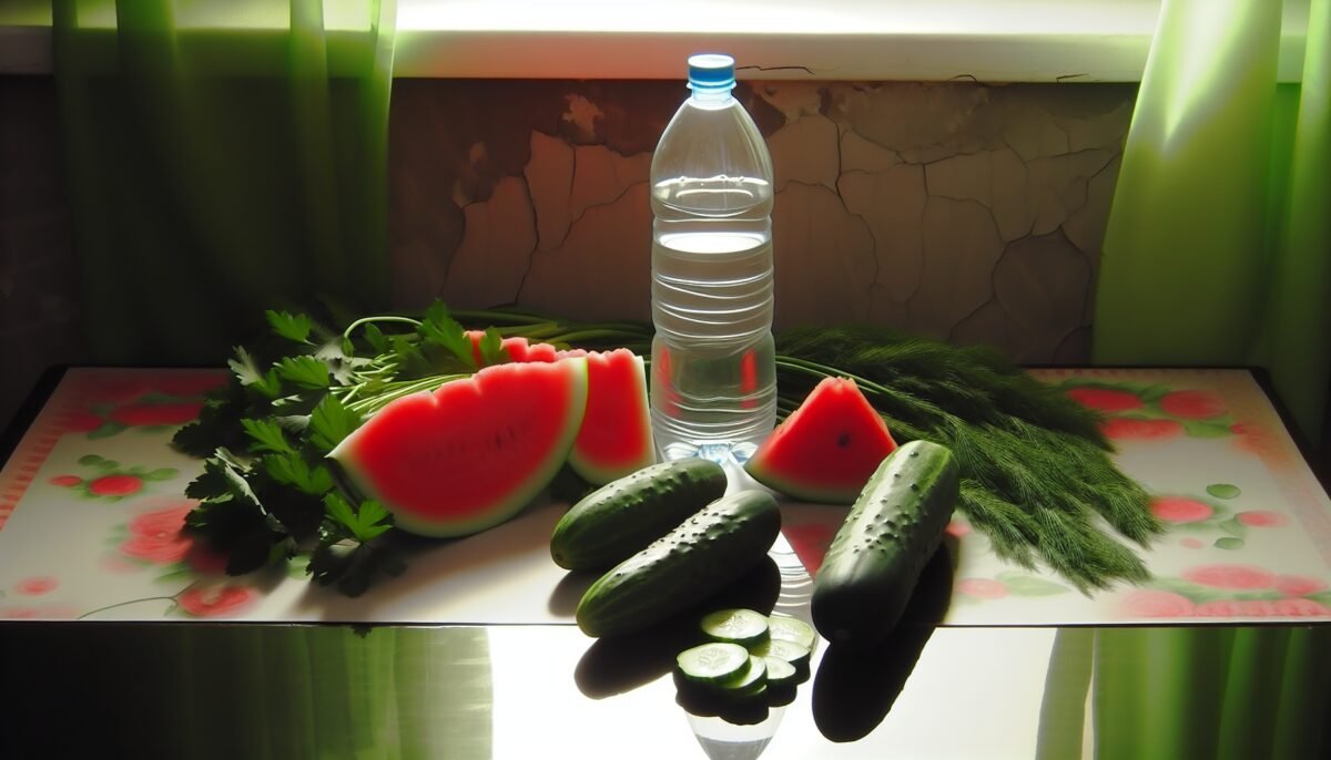 A water bottle, cucumbers, and watermelon on a kitchen table.