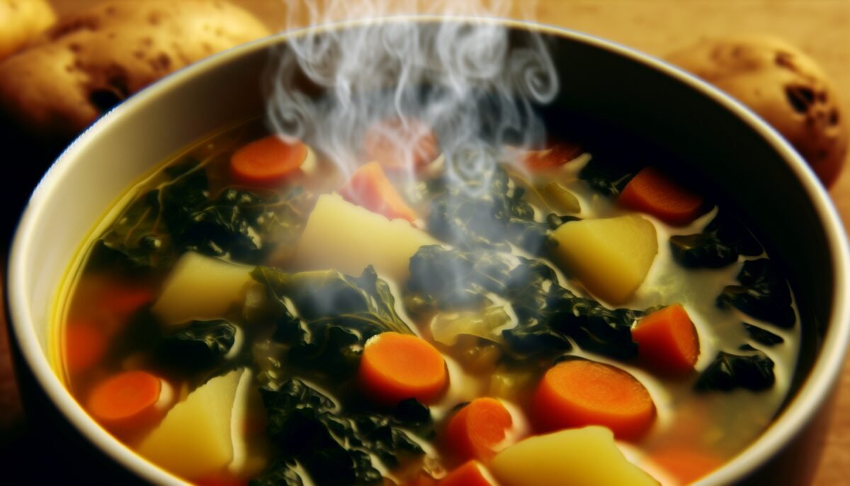 A warm bowl of hearty vegetable soup with steam rising, made from seasonal winter produce.