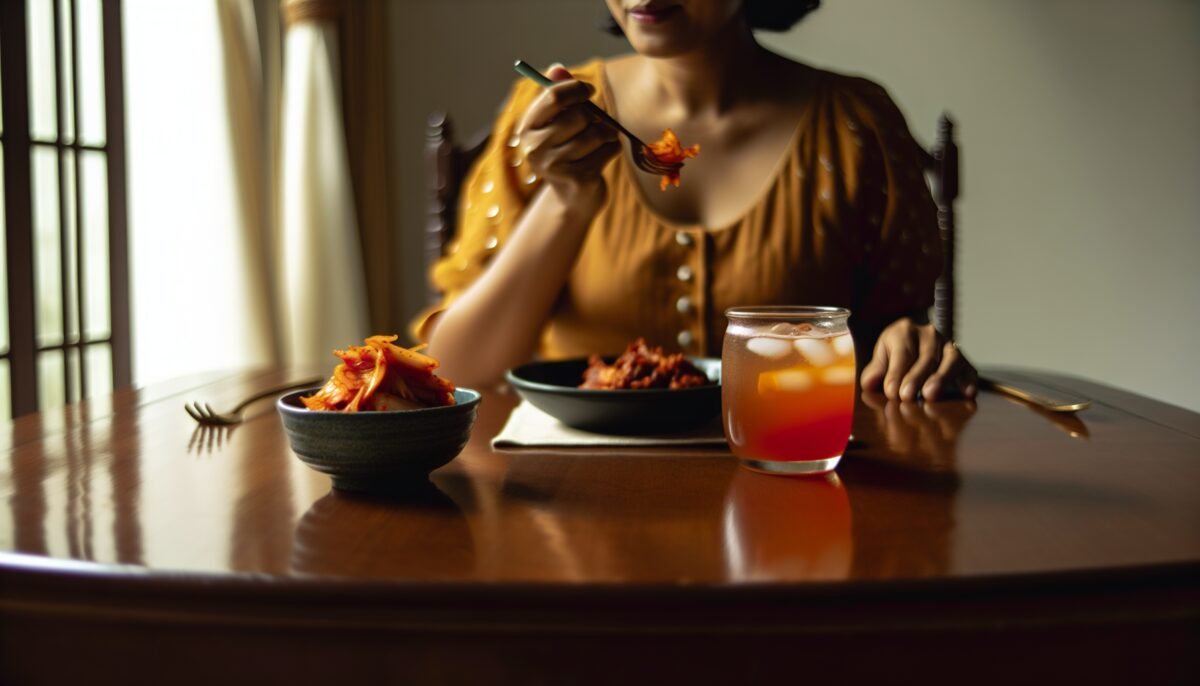 An adult enjoying a healthy meal with a bowl of kimchi and a glass of kombucha in a dining room.